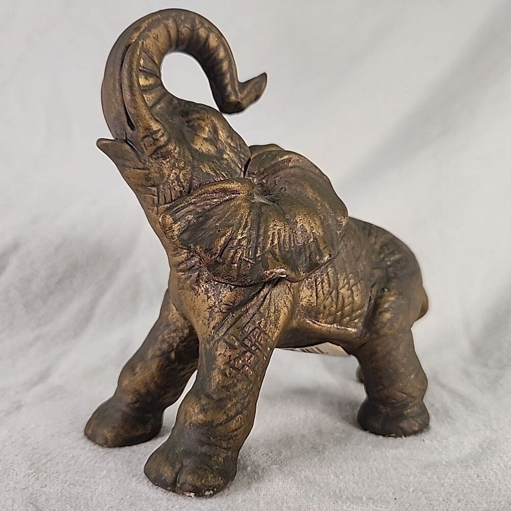 Statue Elephant Brass Figurine Hollow Ceramic World Trunk Up 5.5" X 5" Vintage